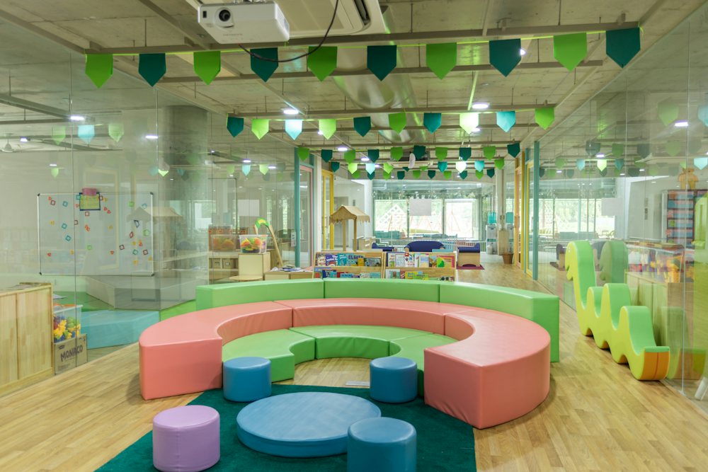 A bright, empty child care classroom